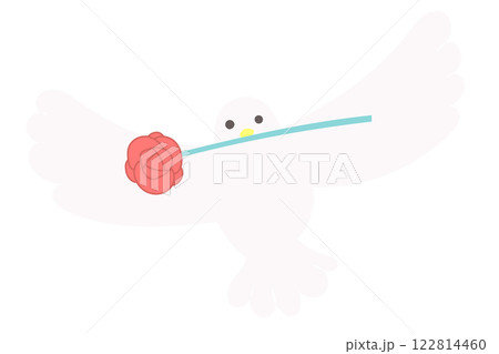 薔薇の花をくわえたはとのシンプルでかわいいイラスト 122814460