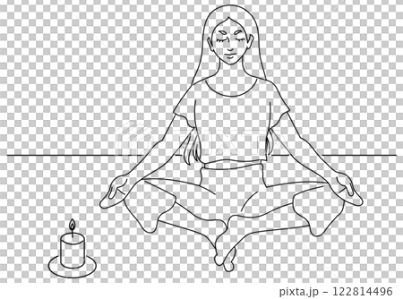 ヨガのあぐら座のポーズで瞑想する女性の線画 122814496