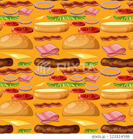 Seamless Burger Ingredients Pattern Design 122814586