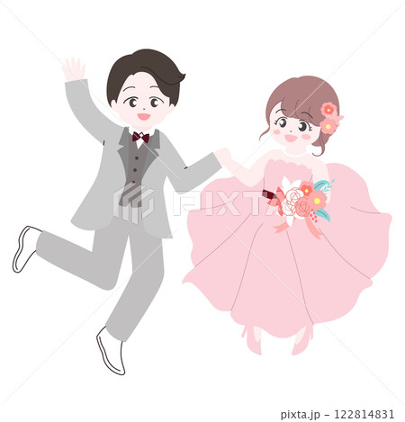 かわいい花嫁と花婿のイラスト　笑顔で手を繋いでジャンプしている全身イラスト 122814831