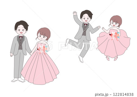 かわいい花嫁と花婿のイラスト　2つのポーズ　立ち姿とジャンプ　全身 122814838