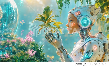 Robot gently holding a small plant in a vibrant, futuristic garden filled with glowing flora and ethereal lights Robot gently holding a small plant in a vibrant, futuristic garden filled with glowing flora and ethereal lights 122814926