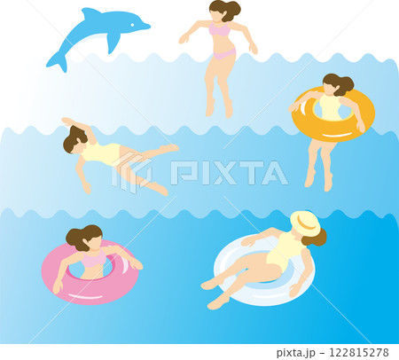 アイソメトリック　人物　女性　海　プール　水着　水泳　夏　スポーツ　レジャー　イラスト素材セット 122815278
