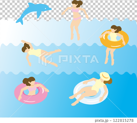 アイソメトリック　人物　女性　海　プール　水着　水泳　夏　スポーツ　レジャー　イラスト素材セット 122815278