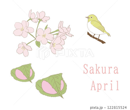 桜の木と枝にとまるメジロ、桜餅のイラスト素材 桜の木と枝にとまるメジロ、桜餅のイラスト素材 122815524