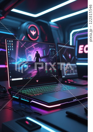 ネオン色に光るゲーム用ラップトップパソコン 122815546