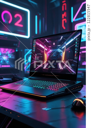 ネオン色に光るゲーム用ラップトップパソコン ネオン色に光るゲーム用ラップトップパソコン 122815547