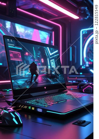 ネオン色に光るゲーム用ラップトップパソコン ネオン色に光るゲーム用ラップトップパソコン 122815549