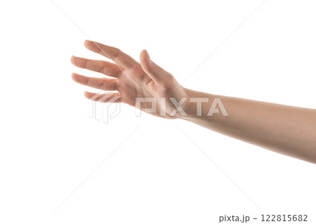Young woman hand reaching isolated on white background 122815682