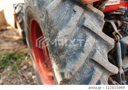Tractor tire close-up farm field agriculture natural environment ground level industrial concept 122815969
