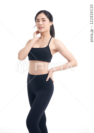 Beautiful young asian sport woman with sportswear ready for exercise on white background, Advertising sportswear and yoga wear, Healthy lifestyle, sport. 122816110