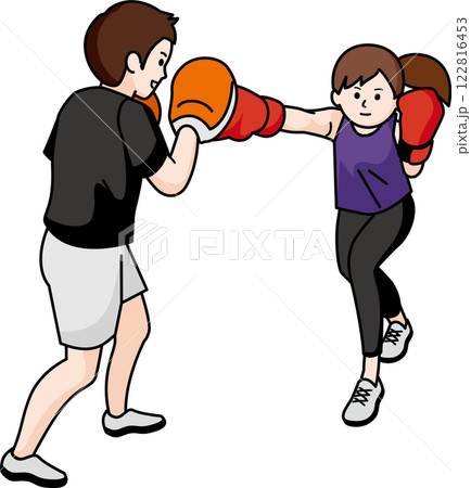 ボクササイズ トレーニングをする女性と男性インストラクター ボクササイズ トレーニングをする女性と男性インストラクター 122816453