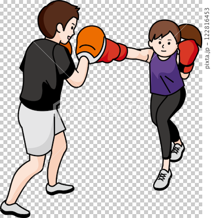 ボクササイズ トレーニングをする女性と男性インストラクター ボクササイズ トレーニングをする女性と男性インストラクター 122816453