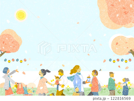 お花見を楽しむ人々　お洒落な和風背景素材　 122816569