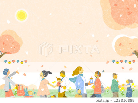 お花見を楽しむ人々　お洒落な和風背景素材　 122816889