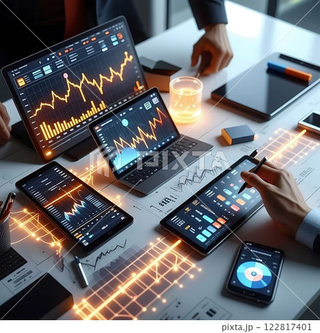 Close-up of hands using futuristic technology in a modern setting, showcasing the evolution of AI in daily life. AI-generated image. 122817401