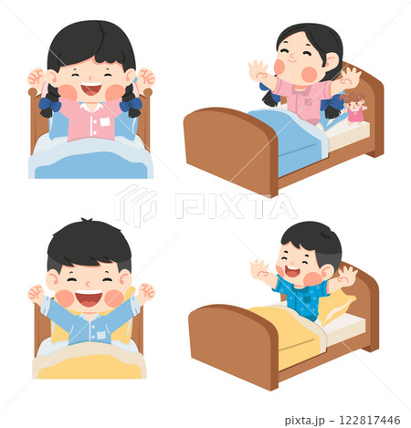 Kids waking up in the morning on the bed set Kids waking up in the morning on the bed set 122817446