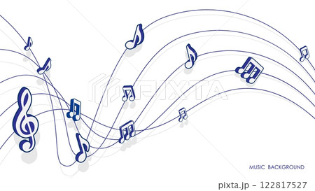 Musical notes floating along musical chord lines. Advertising vector banner for presentation of concert or children vocal evening isolated on white background 122817527
