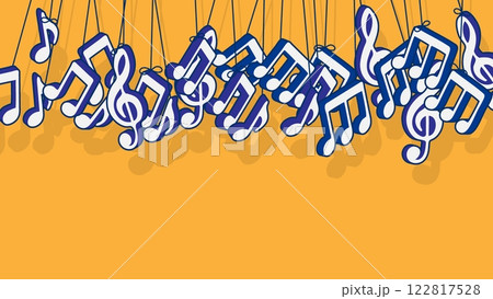 Musical notes suspended from ropes and swaying in wind. Advertising vector banner for presentation of concert or children vocal evening isolated on orange background 122817528