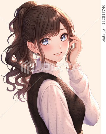 照れくさそうに笑うポニーテールの可愛い女の子 /AI生成のイラスト素材