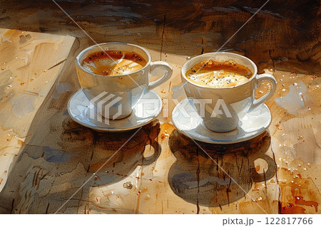 Two white coffee cups sit on a wooden table 122817766