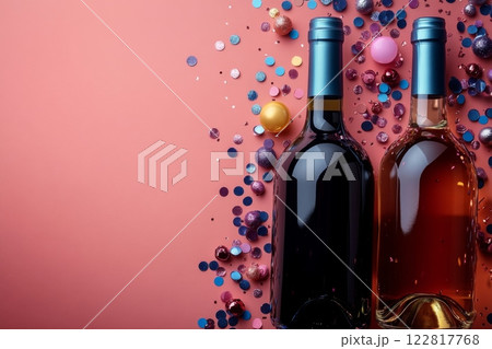 Bottles of wine are on table with pink glitter background. Copy space 122817768