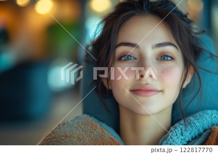 Young woman with blue eyes and a pinkish face is sitting in chair, smiling and looking at the camera 122817770
