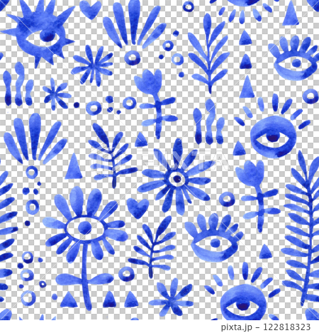 watercolor illustration, abstract blue seamless pattern with modern ornaments, eyes and flowers. 122818323