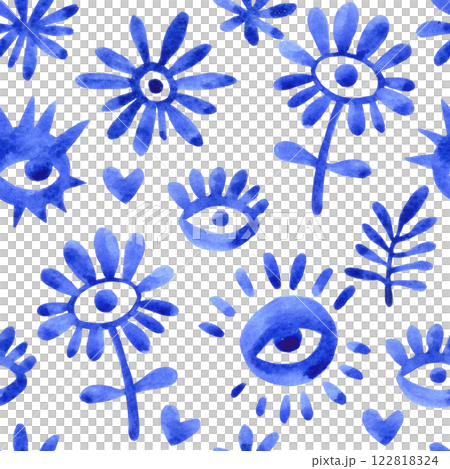 watercolor illustration, abstract blue seamless pattern with modern ornaments, eyes and flowers. 122818324