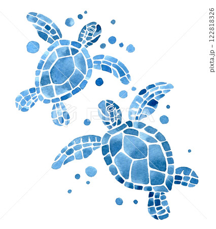 watercolor illustration, set with sea turtles. simple blue 122818326