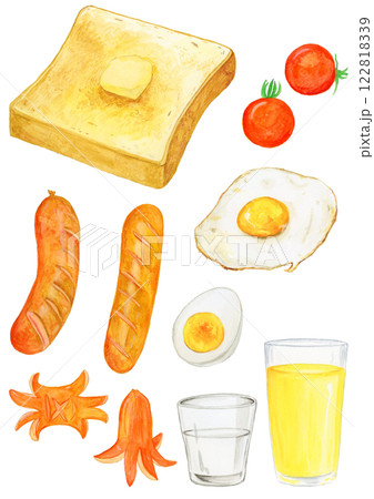 手描き水彩の美味しそうな朝食セットイラスト 122818339