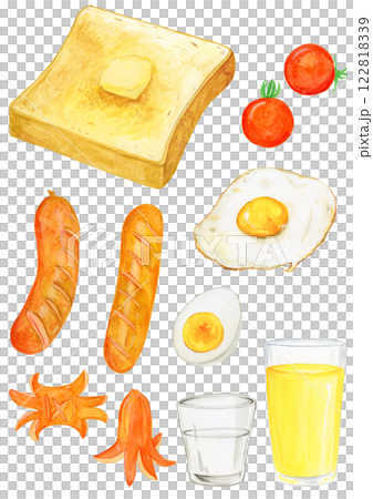 手描き水彩の美味しそうな朝食セットイラスト 122818339