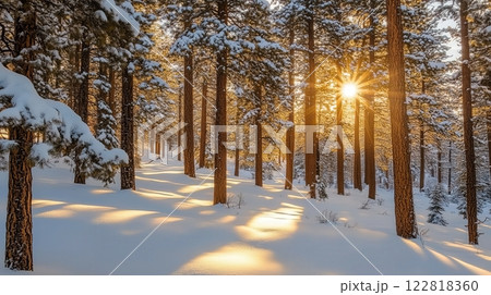 Snow-covered pine forest with soft sunlight breaking through the trees, winter wonderland Snow-covered pine forest with soft sunlight breaking through the trees, winter wonderland 122818360