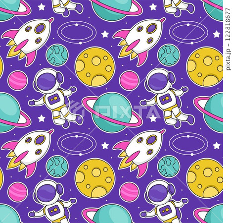 Seamless Pattern of Outer Space Exploration with Floating Rocket and Planets in Cartoon Flat Design Illustration 122818677
