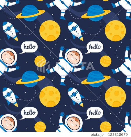 Seamless Pattern of Outer Space Exploration with Floating Rocket and Planets in Cartoon Flat Design Illustration 122818679