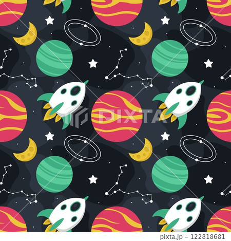 Seamless Pattern of Outer Space Exploration with Floating Rocket and Planets in Cartoon Flat Design Illustration 122818681