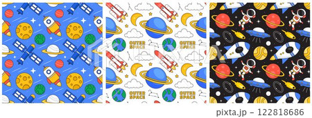 Seamless Pattern of Outer Space Exploration with Floating Rocket and Planets in Cartoon Flat Design Illustration Seamless Pattern of Outer Space Exploration with Floating Rocket and Planets in Cartoon Flat Design Illustration 122818686