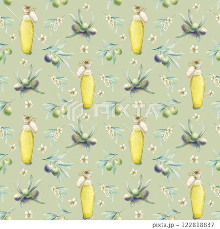 Olive oil in glass bottle with label and cork. Olive branches and flowers. Watercolor seamless pattern on light olive color. Hand drawn illustration for kitchen textile, organic healthy food package. Olive oil in glass bottle with label and cork. Olive branches and flowers. Watercolor seamless pattern on light olive color. Hand drawn illustration for kitchen textile, organic healthy food package. 122818837