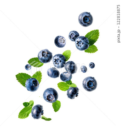 Falling blueberries with mint on white backgrounds 122818875