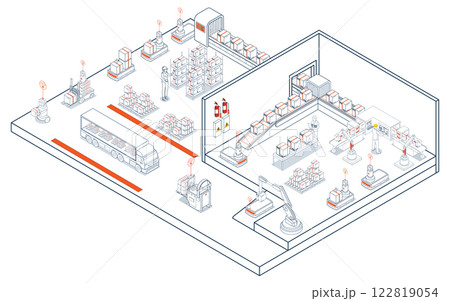 Smart logistics and automated warehouse operations, featuring AGVs and AMRs for robotic material handling and transportation. 122819054