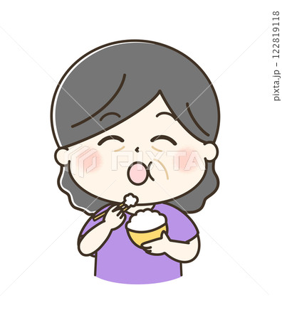 白米を美味しいと言いながら食べている年配の女性のゆるかわイラスト 白米を美味しいと言いながら食べている年配の女性のゆるかわイラスト 122819118