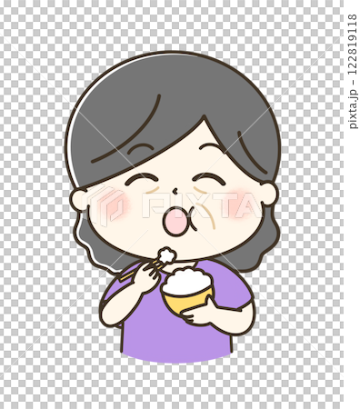 A cute and relaxed illustration of an elderly woman eating rice and saying it's delicious 122819118