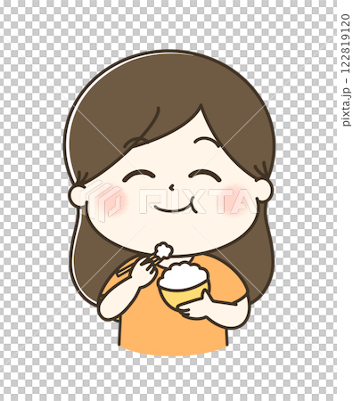 A cute and relaxed illustration of a woman munching on rice with relish. 122819120