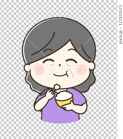 這是一位老婦人津津有味地吃著米飯的可愛而輕鬆的插圖。 122819121