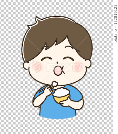 A cute and relaxed illustration of a man eating rice and saying it's delicious 122819123