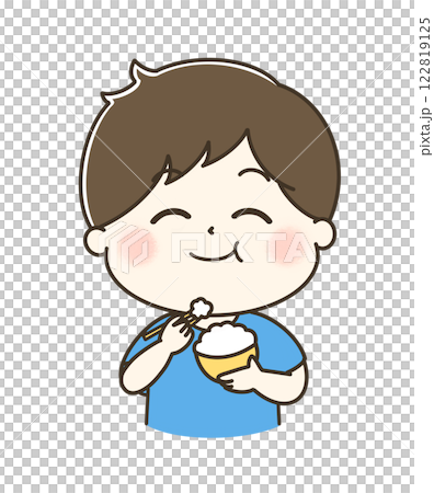 A cute and relaxed illustration of a man munching on rice with relish A cute and relaxed illustration of a man munching on rice with relish 122819125