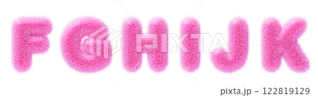 3d pink fur type font, fluffy alphabet letters f, g, h, i, j, k render. Furry english letters with hairy texture for fun education kids. Cute fuzzy text isolated on white background. 3D illustration 122819129