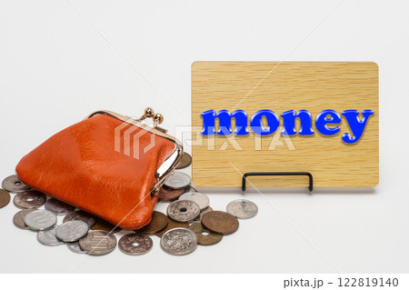 がま口財布と豚の貯金箱でマネーの文字 122819140