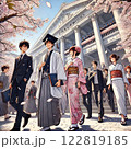春の桜のきれいな時期に卒業生が出てくる場面 122819185