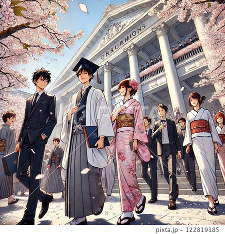 春の桜のきれいな時期に卒業生が出てくる場面 122819185